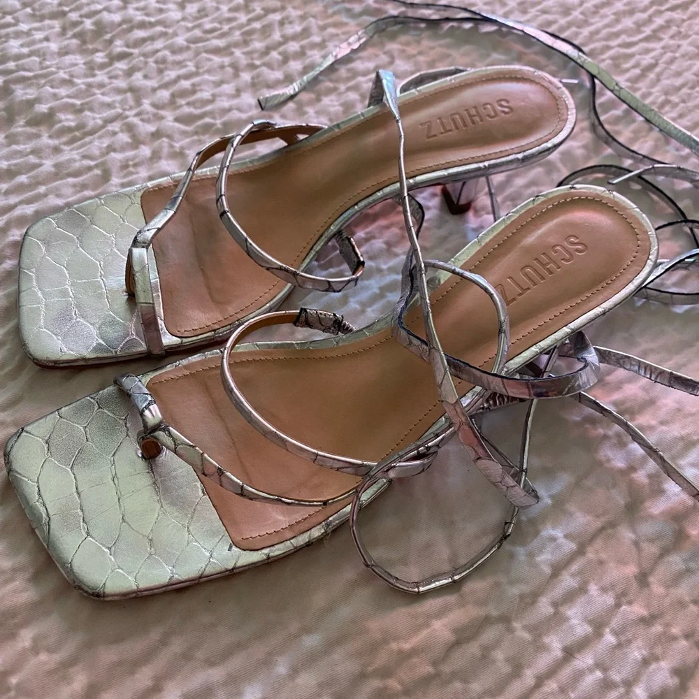 SCHUTZ Silver Lace-Up Square Toe Kitten Heel size 8.5B